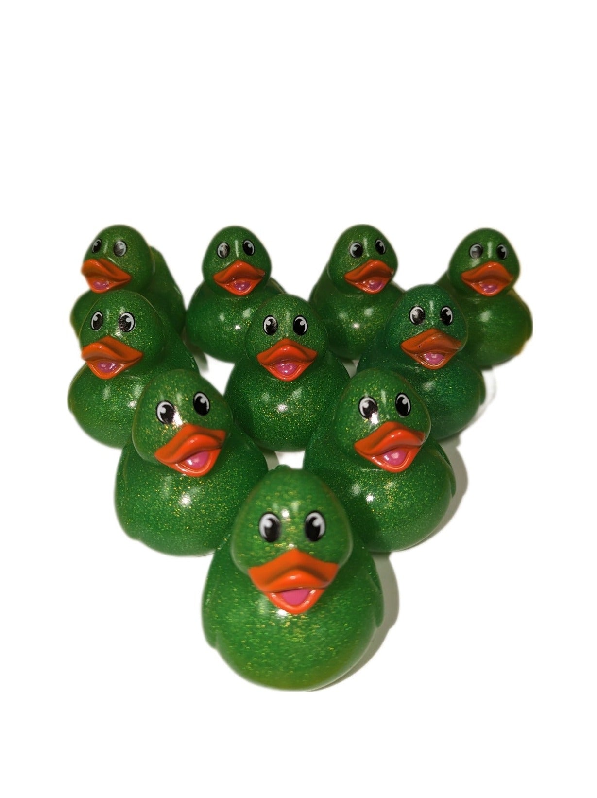 10 Green Glitter & Orange Beak Ducks - 2" Rubber Ducks