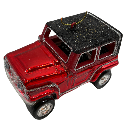 Red Jeep Glass Christmas Tree Ornament